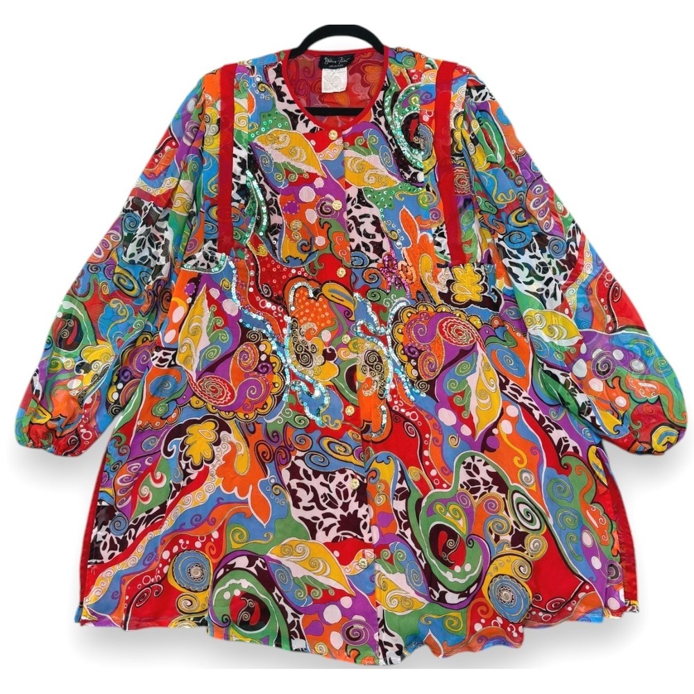 Vintage 80s Diane Freis Blouse‎ Womens L Multicolor Geometric Beaded Sequin Top